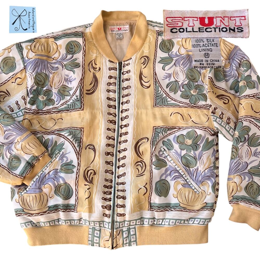 Stunt Collections 100% Silk Floral Vase Jacket Sz M As-is
